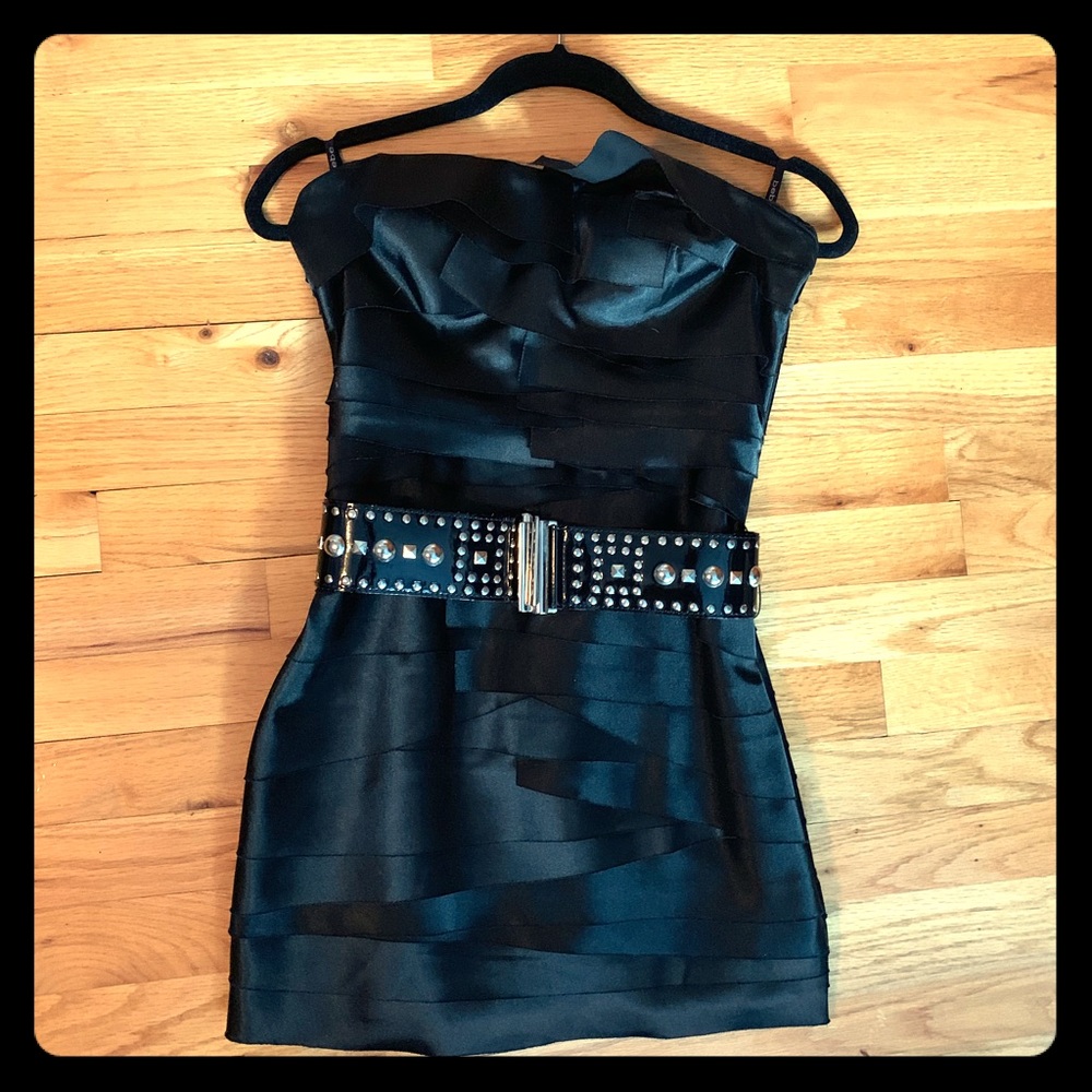 BEBE Black Strapless Mini Dress with Studded Belt